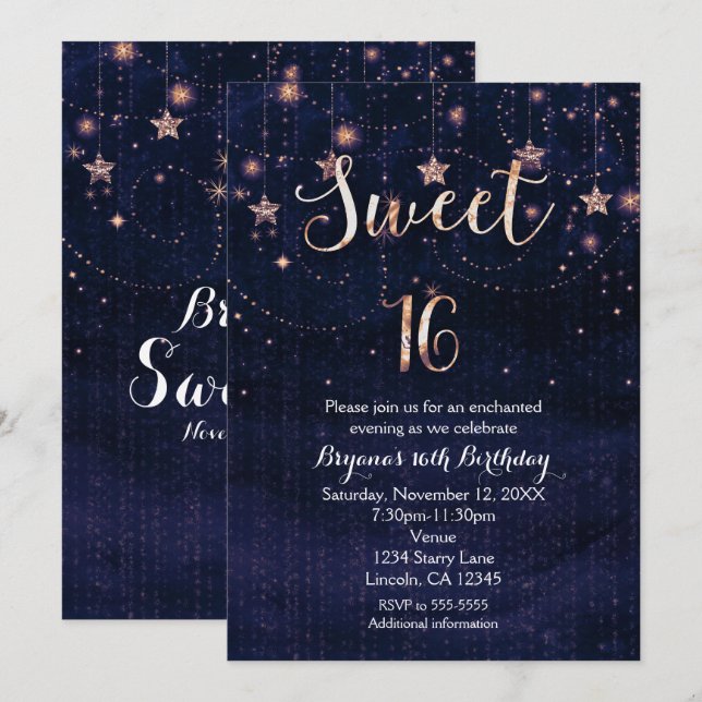 Sweet 16 Starry Night Purple & Gold Invitation (Front/Back)