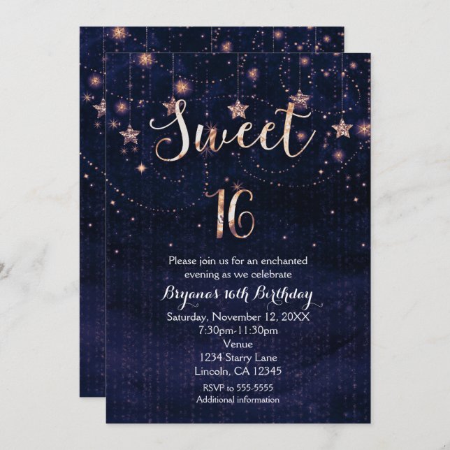 Sweet 16 Starry Night Purple & Gold Invitation (Front/Back)