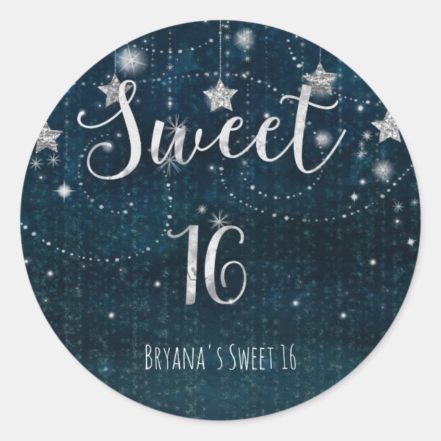 Sweet 16 Starry Night Silver Blue Celestial Favor Classic Round Sticker (Front)