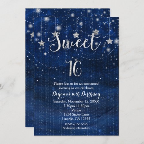 Sweet 16 Starry Night Silver  Blue Invitation