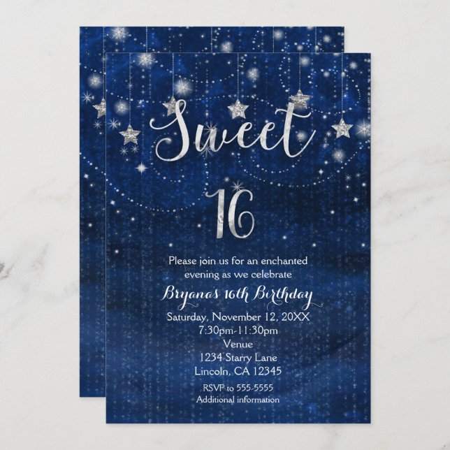Sweet 16 Starry Night Silver & Blue Invitation (Front/Back)