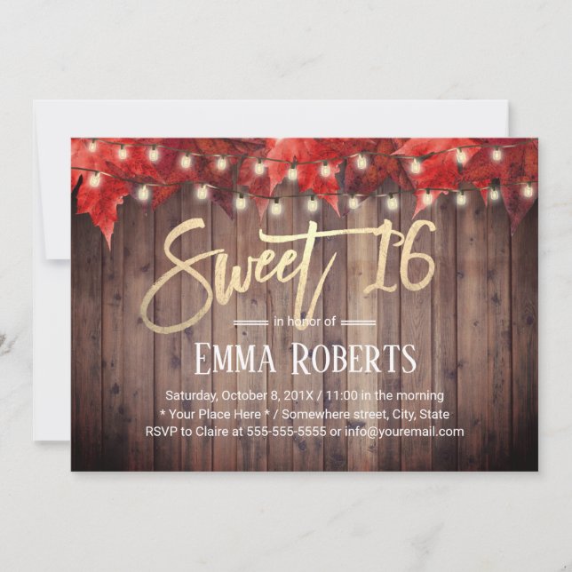 Sweet 16 String Lights Autumn Leaves Birthday Invitation (Front)