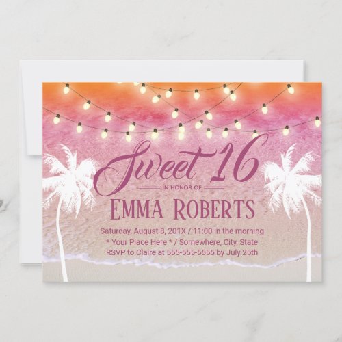 Sweet 16 String Lights Pink Beach Palm Trees Invitation