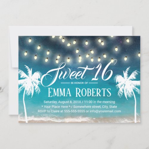 Sweet 16 String Lights Summer Beach Palm Trees Invitation