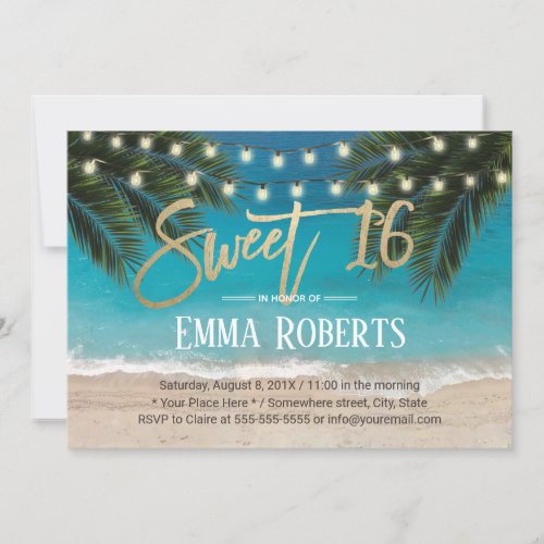 Sweet 16 String Lights Tropical Beach Invitation