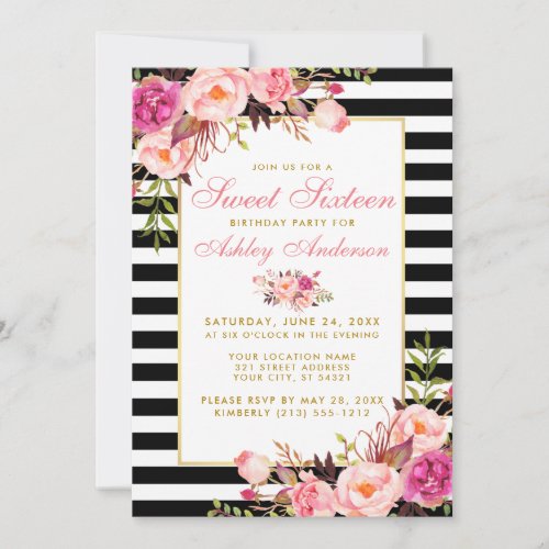 Sweet 16 Striped Floral Pink Gold Invitation