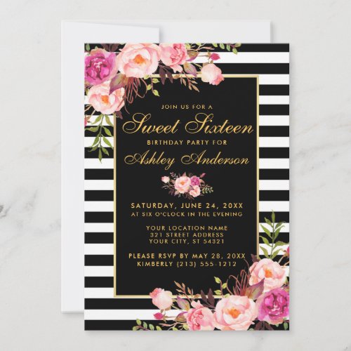 Sweet 16 Striped Pink Floral Gold Invitation