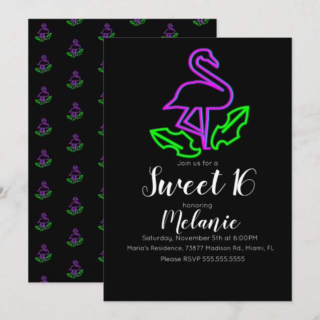 Sweet 16 Summer Neon Tropical Flamingo Glow Party Invitation (Front/Back)