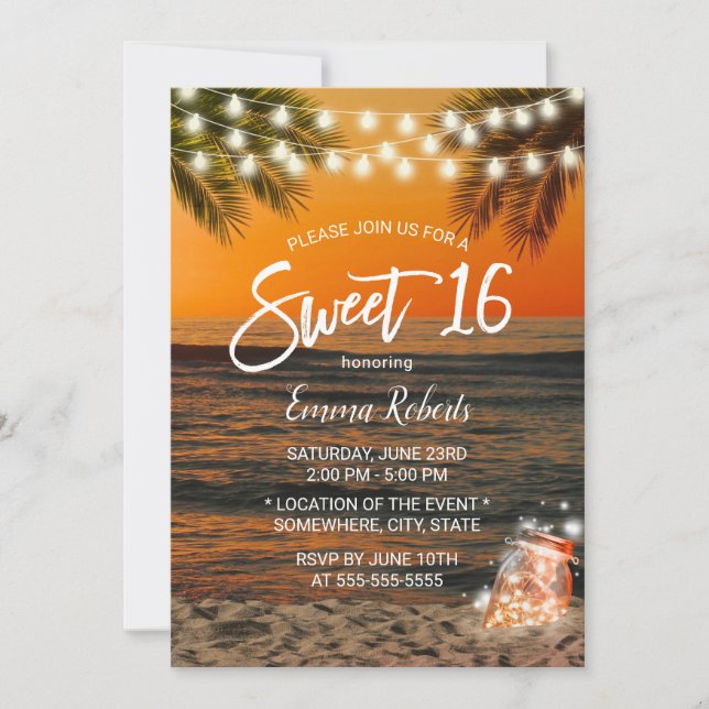 Sweet 16 Summer Sunset Beach Glow Mason Jar Invitation (Front)