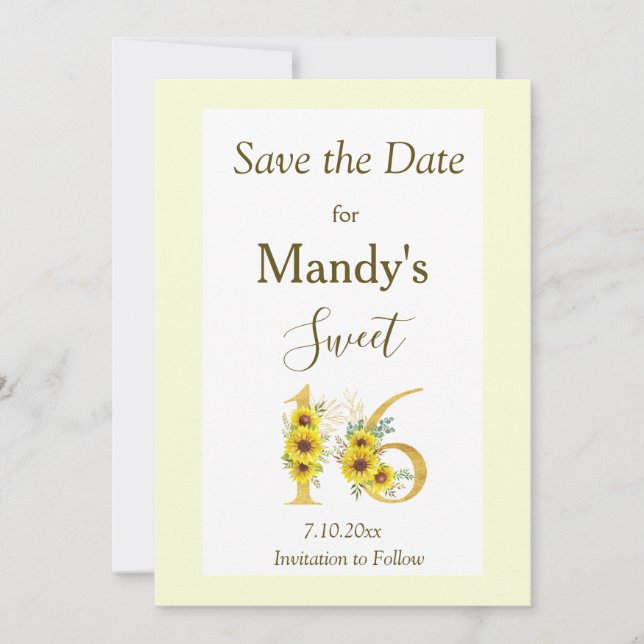 Sweet 16 Sunflower Birthday Save The Date (Front)