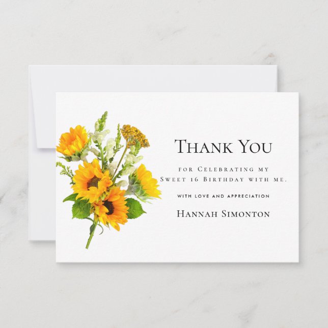 Sweet 16 Sunflower Bouquet Personalized Thank You Card (Front)