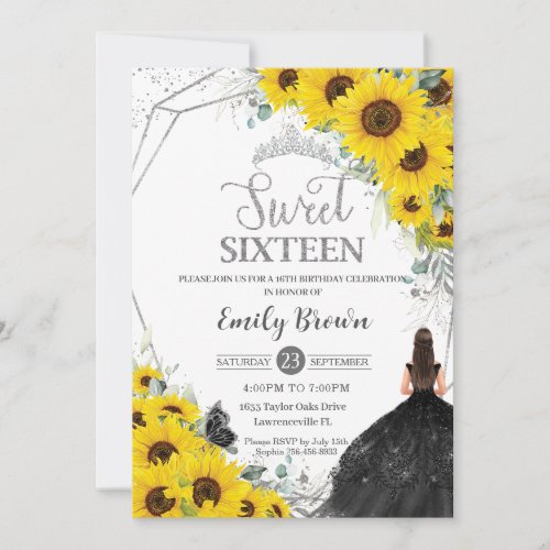 Sweet 16 Sunflower Floral Silver Black Dress Invitation