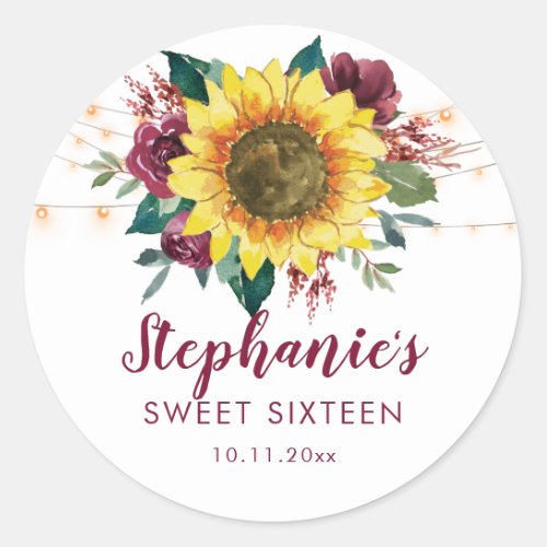 Sweet 16 Sunflower Lights Floral Birthday Classic Round Sticker