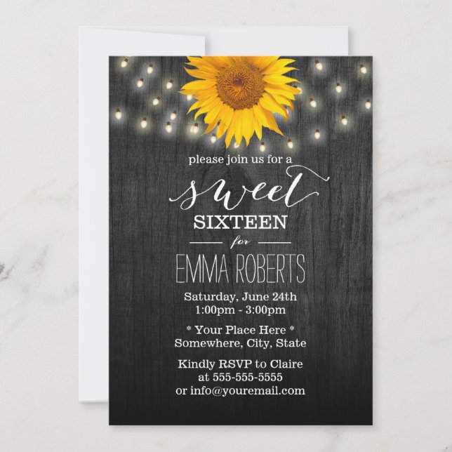 Sweet 16 Sunflower & String Lights Vintage Wood Invitation (Front)