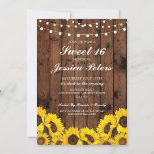 Sweet 16 Sunflower Wood Lights Rustic Invitation