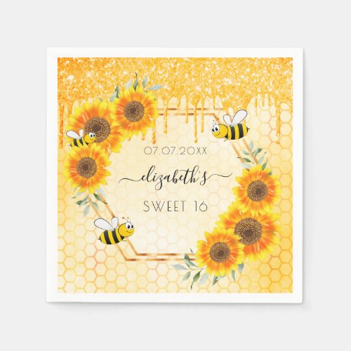 Sweet 16 sunflowers bees gold glitter napkins