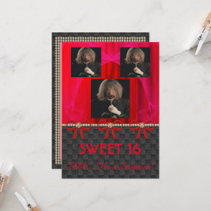 Sweet 16 Surprise Party Red Silk & Pearls & photos Invitation