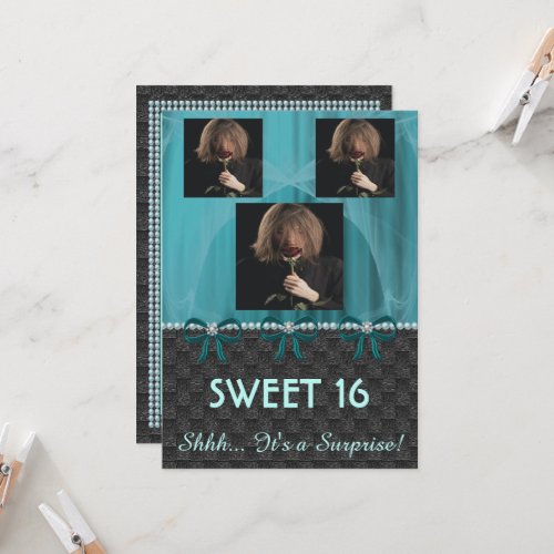 Sweet 16 Surprise Party Teal Blue Silk  Pearls  Invitation