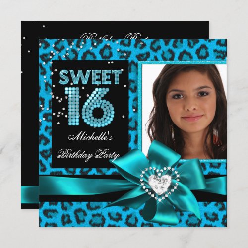 Sweet 16 Sweet Sixteen Blue Leopard Photo Invitation