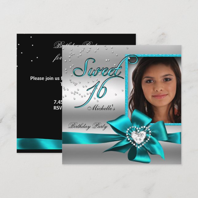 Sweet 16 Sweet Sixteen Blue Silver Photo Invitation (Front/Back)