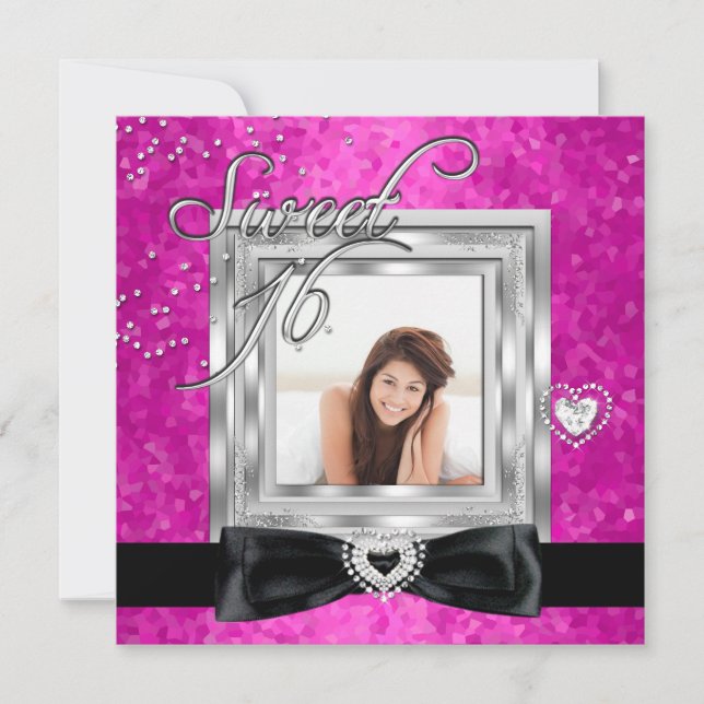 Sweet 16 Sweet Sixteen Hot Pink Black Photo Invitation (Front)