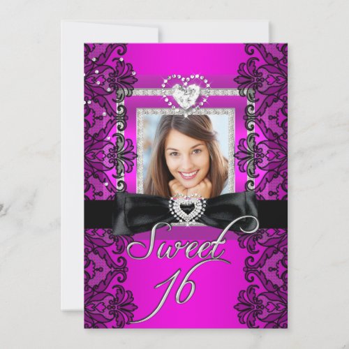 Sweet 16 Sweet Sixteen Pink Black Lace Photo Custom Announcements