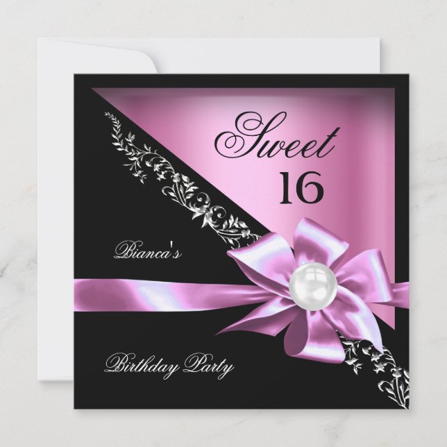 Sweet 16 Sweet Sixteen Pink Black Pearl Invitation (Front)