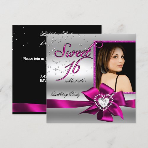 Sweet 16 Sweet Sixteen Pink Silver Photo Announcements