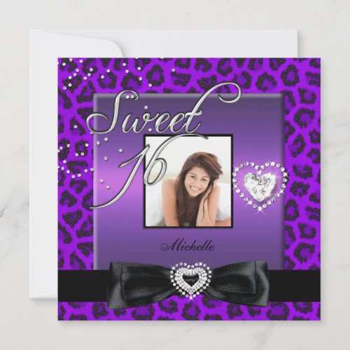 Sweet 16 Sweet Sixteen Purple Black Leopard Photo Invite