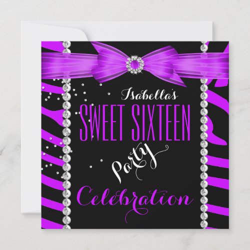 Sweet 16 Sweet Sixteen Purple Zebra Birthday Invitation