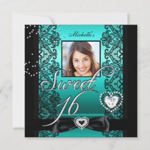 Sweet 16 Sweet Sixteen Teal Black Lace Photo Invitation