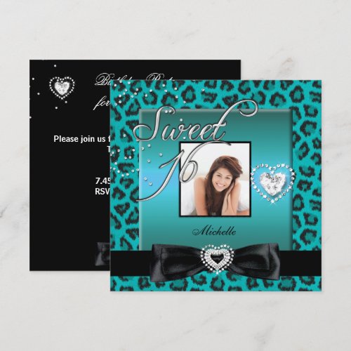 Sweet 16 Sweet Sixteen Teal Black Leopard Photo Invite
