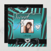 Sweet 16 Sweet Sixteen Teal Black Zebra Photo Invitation (Front/Back)