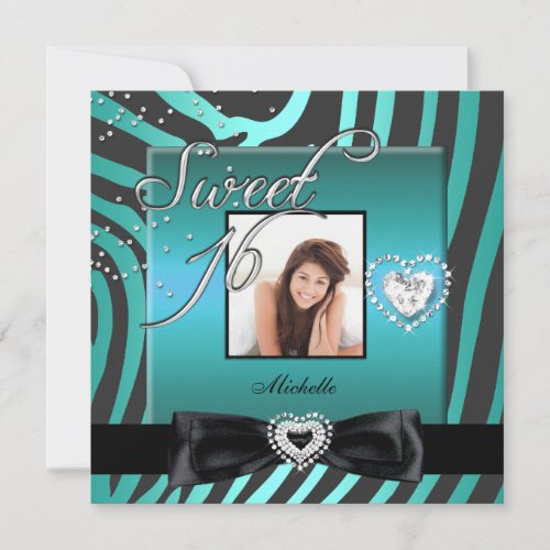 Sweet 16 Sweet Sixteen Teal Black Zebra Photo Announcement