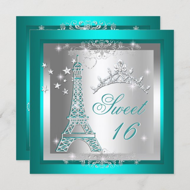 Sweet 16 Sweet Sixteen Teal Tiara Eiffel Tower Invitation (Front/Back)