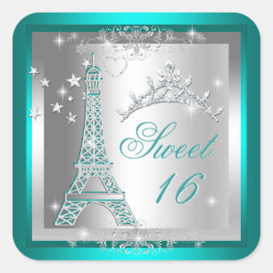 Sweet 16 Sweet Sixteen Teal Tiara Eiffel Tower Square Sticker