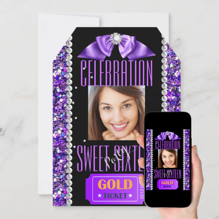 Sweet 16 Sweet Sixteen Ticket Purple Glitter Photo Invitation Zazzle