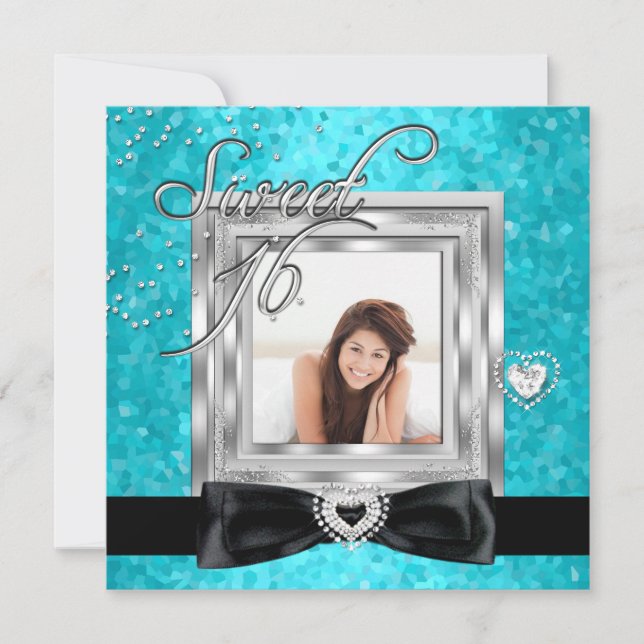 Sweet 16 Sweet Sixteen Turquoise Black Photo Invitation (Front)
