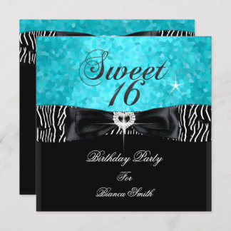 Sweet 16 Sweet Sixteen Turquoise Black Zebra Invitation