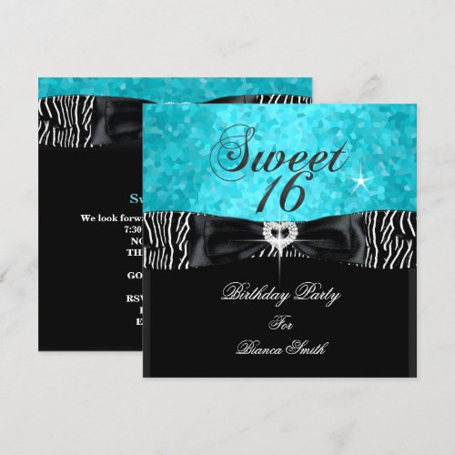 Sweet 16 Sweet Sixteen Turquoise  Black Zebra Announcement