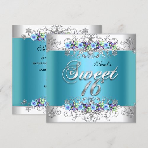 Sweet 16 Sweet Sixteen White Blue Purple Flowers Personalized Invite