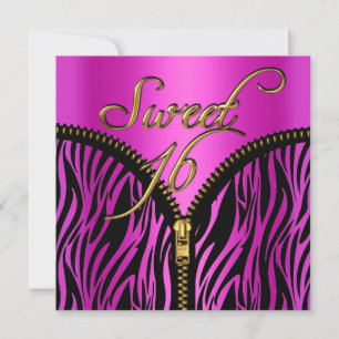 Sweet 16 Sweet Sixteen Zebra Hot Pink Gold Black Invitation