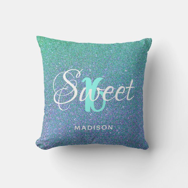 Sweet 16 Teal Aqua Glitter Sparkle Personalized Throw Pillow (Front)