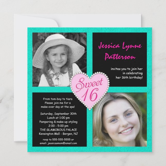 Sweet 16 Teal Black Bling Heart Photo Invitations (Front)