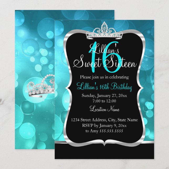 Sweet 16 Teal Blue Black Tiara Invitation (Front/Back)