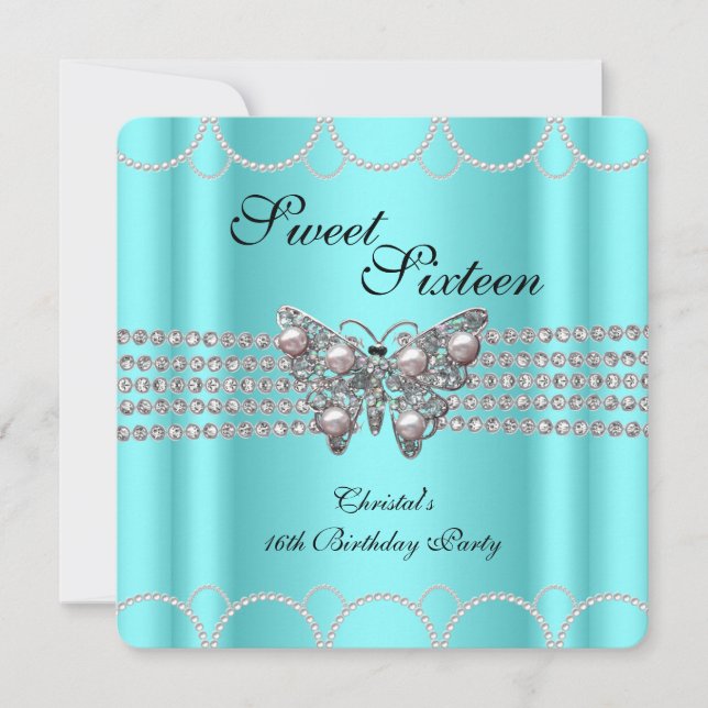 SWEET 16 Teal Blue Butterfly Pearl Birthday party Invitation (Front)
