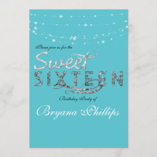 Sweet 16 Teal Blue Glitter Birthday Party Invitation
