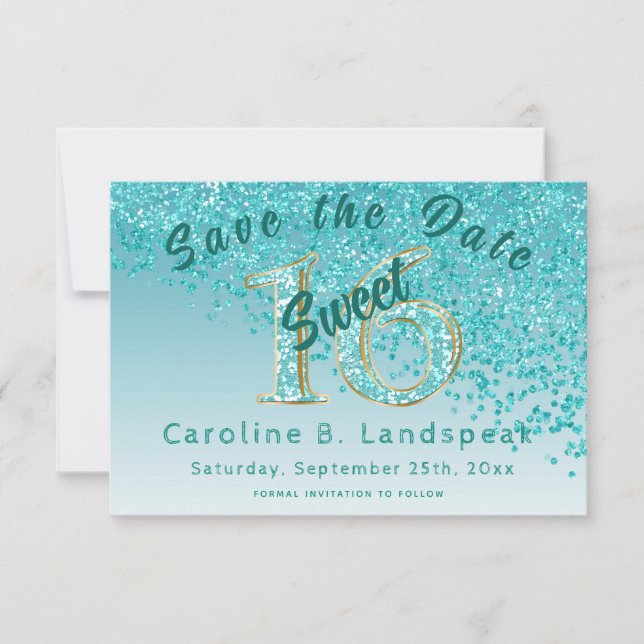 Sweet 16 Teal Blue Glitter, Chic Glitter Number 16 Save The Date (Front)