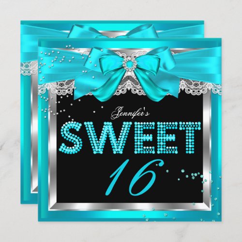 Sweet 16 Teal Blue Glitter Glam Birthday Party Invitation