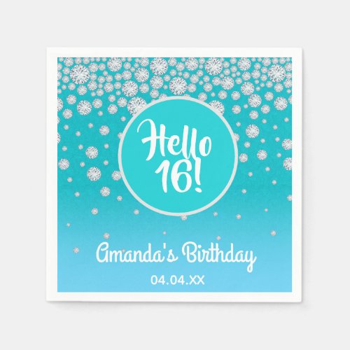 Sweet 16 teal blue glitter name diamonds napkins